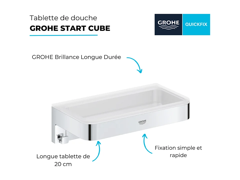 Colonne de douche thermostatique GROHE Vitalio Joy Système 230 + Tablette rectangle GROHE Start Cube + colle Quickglue