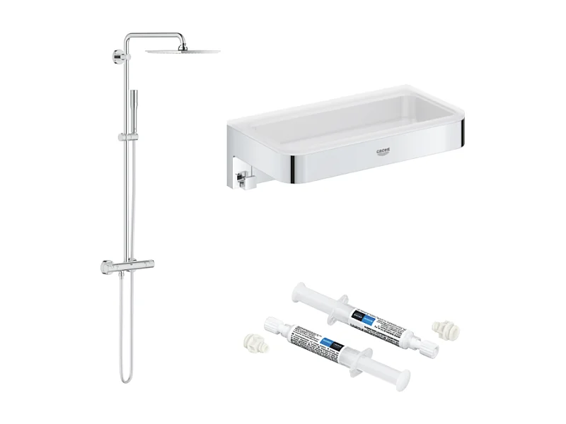 Colonne de douche thermostatique GROHE Vitalio Joy Système 230 + Tablette rectangle GROHE Start Cube + colle Quickglue