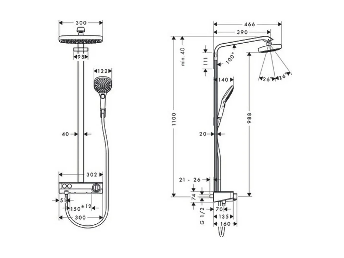 Colonne de douche thermostatique HANSGROHE Raindance Select E 300 EcoSmart avec mitigeur 30 cm chromé + tablette AddStoris
