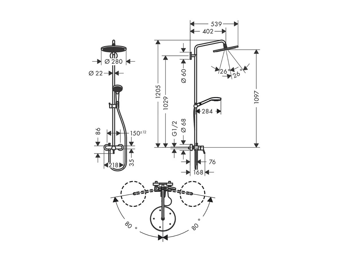Colonne de douche mécanique HANSGROHE Croma Select S 280 chromé + tablette AddStoris