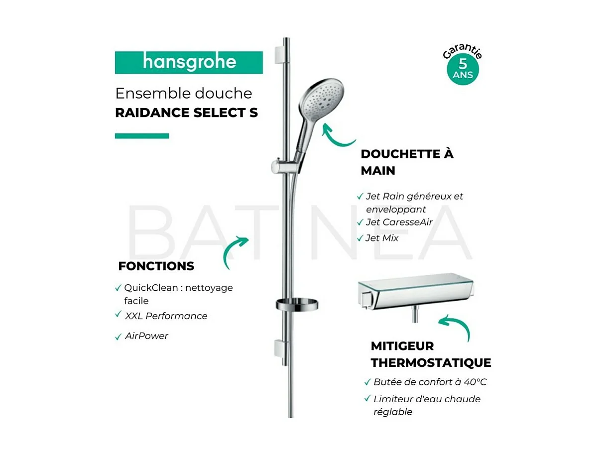 HANSGROHE Conjunto de ducha Raidance, mezclador termostático + teleducha 3 chorros, cromo blanco