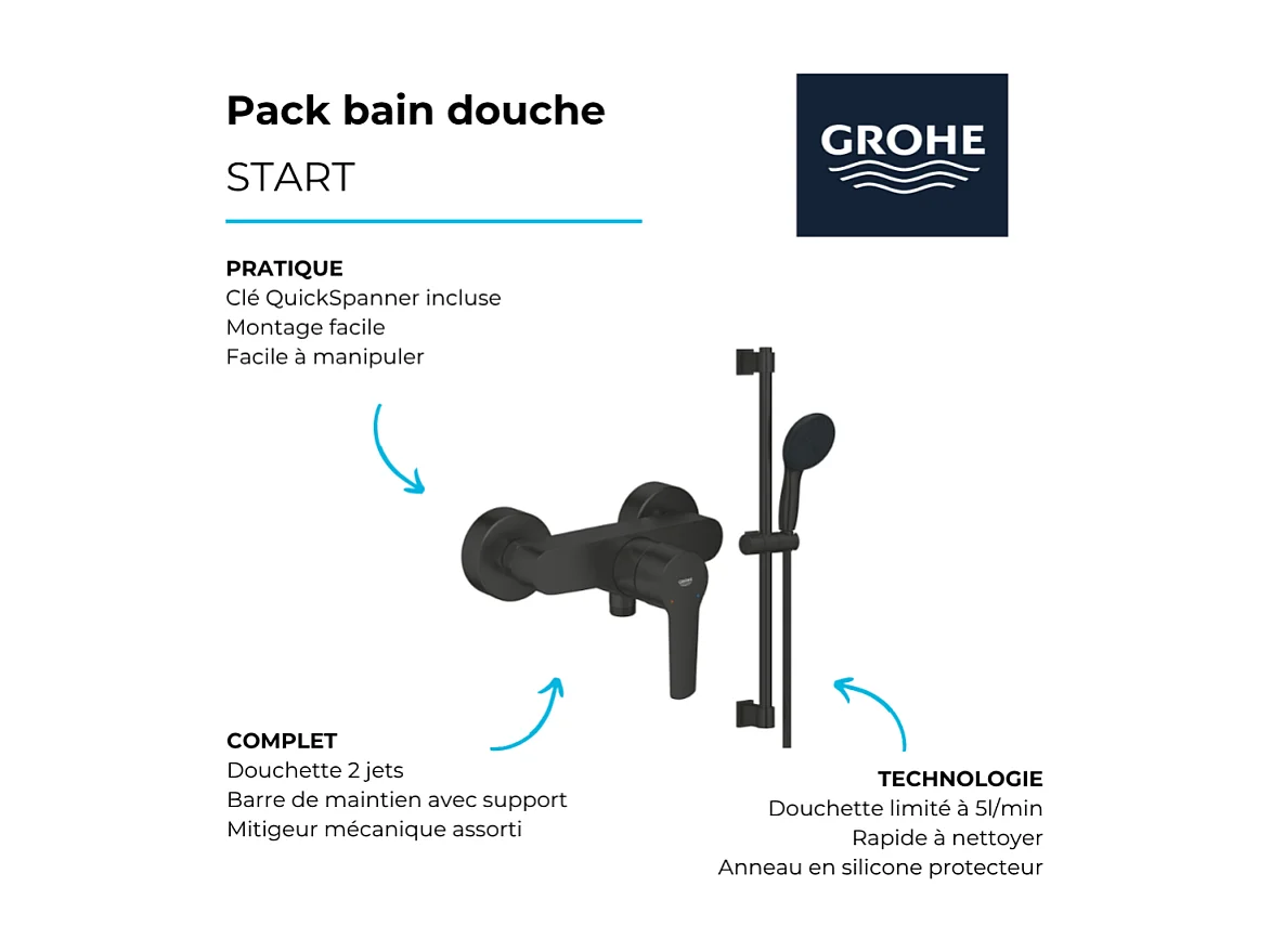 Pack mitigeur douche mécanique GROHE Start noir + ensemble de douche GROHE Vitalio Start avec barre, support et pommeau noir