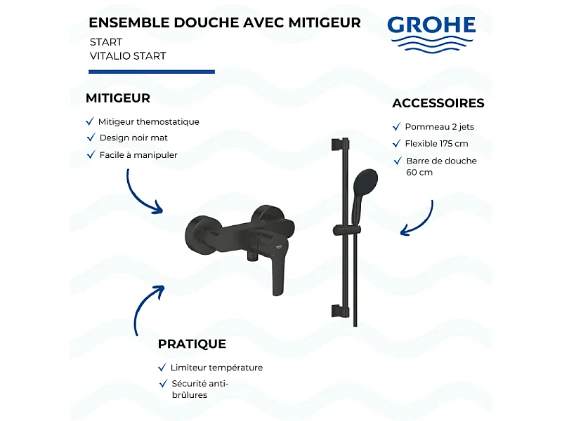 Mitigeur douche mécanique GROHE Start avec ensemble de douche 2 jets noir mat