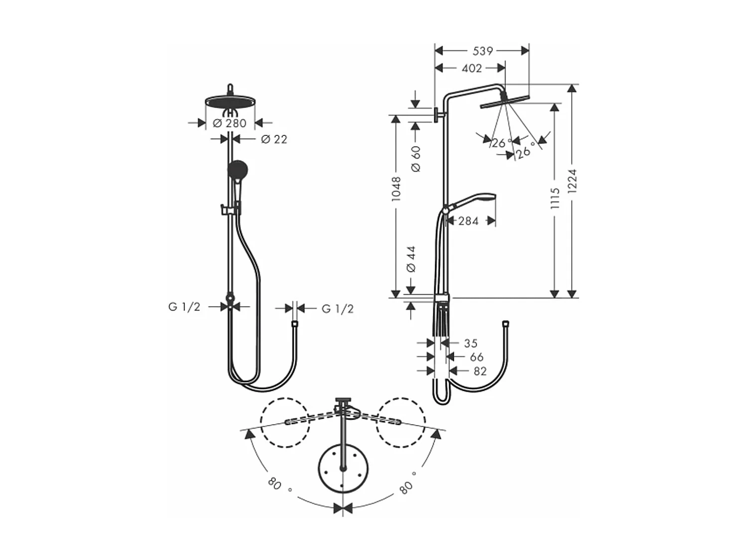 Colonne de douche ou bain douche sans mitigeur HANSGROHE Croma Select S 280 chromé + tablette AddStoris
