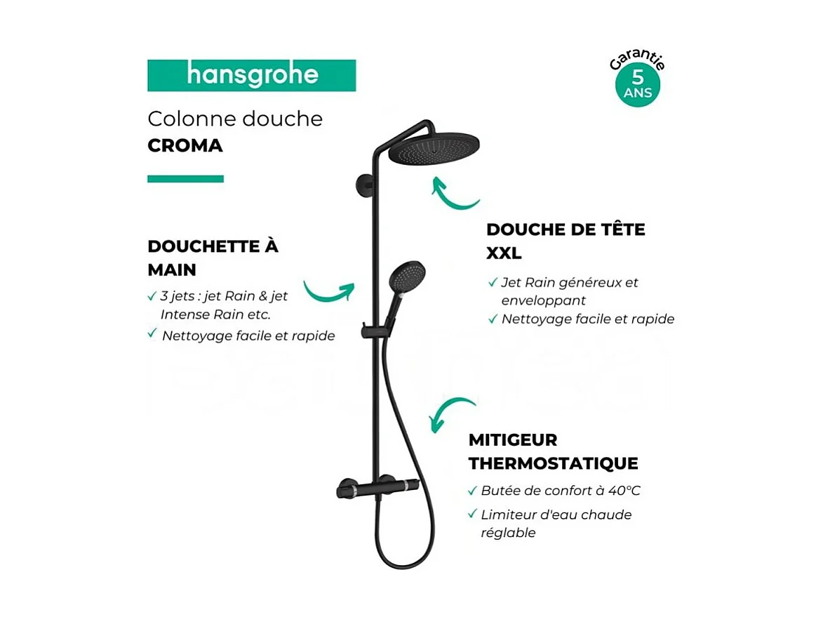 Colonne de douche thermostatique HANSGROHE Croma Select S 280 noir mat + tablette AddStoris