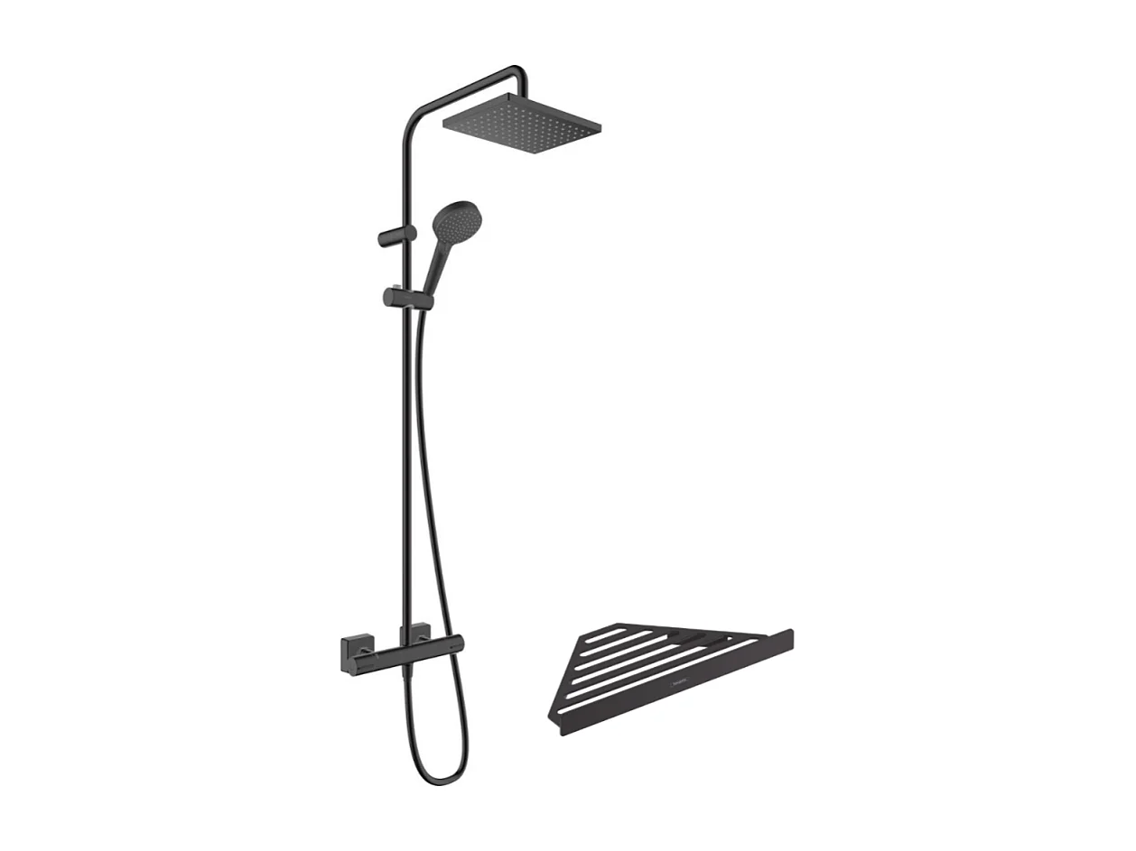 Colonne de douche thermostatique HANSGROHE Vernis Shape 230 EcoSmart noir mat + tablette AddStoris