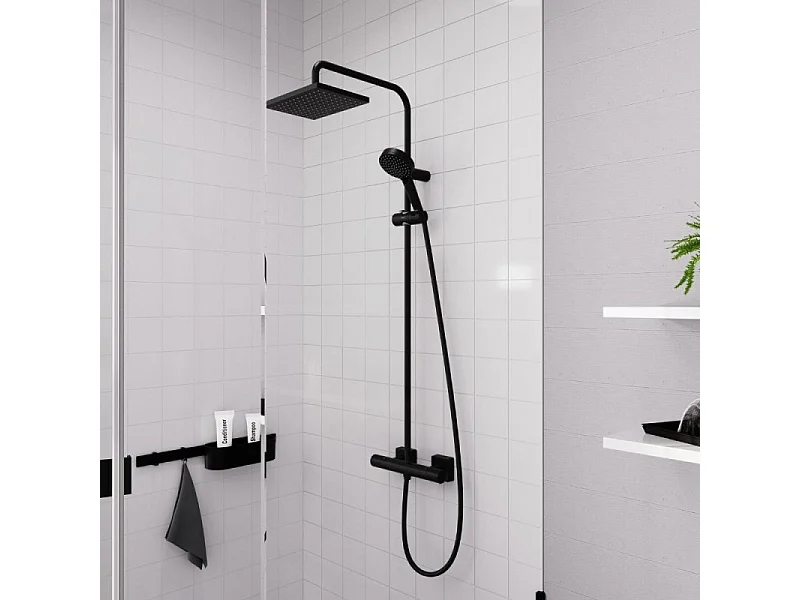 Colonne de douche thermostatique HANSGROHE Vernis Shape 230 EcoSmart noir mat + tablette AddStoris