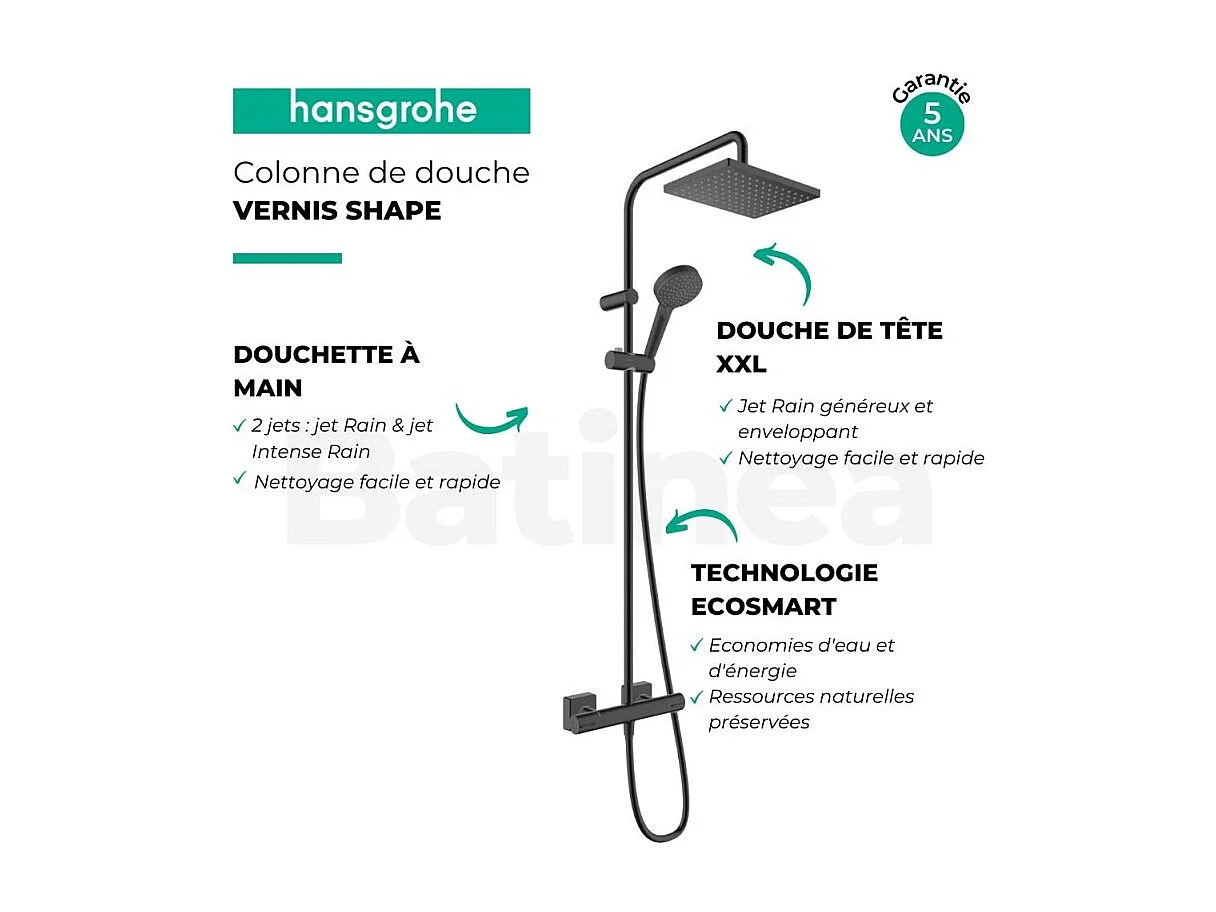 Colonne de douche thermostatique HANSGROHE Vernis Shape 230 EcoSmart noir mat + tablette AddStoris