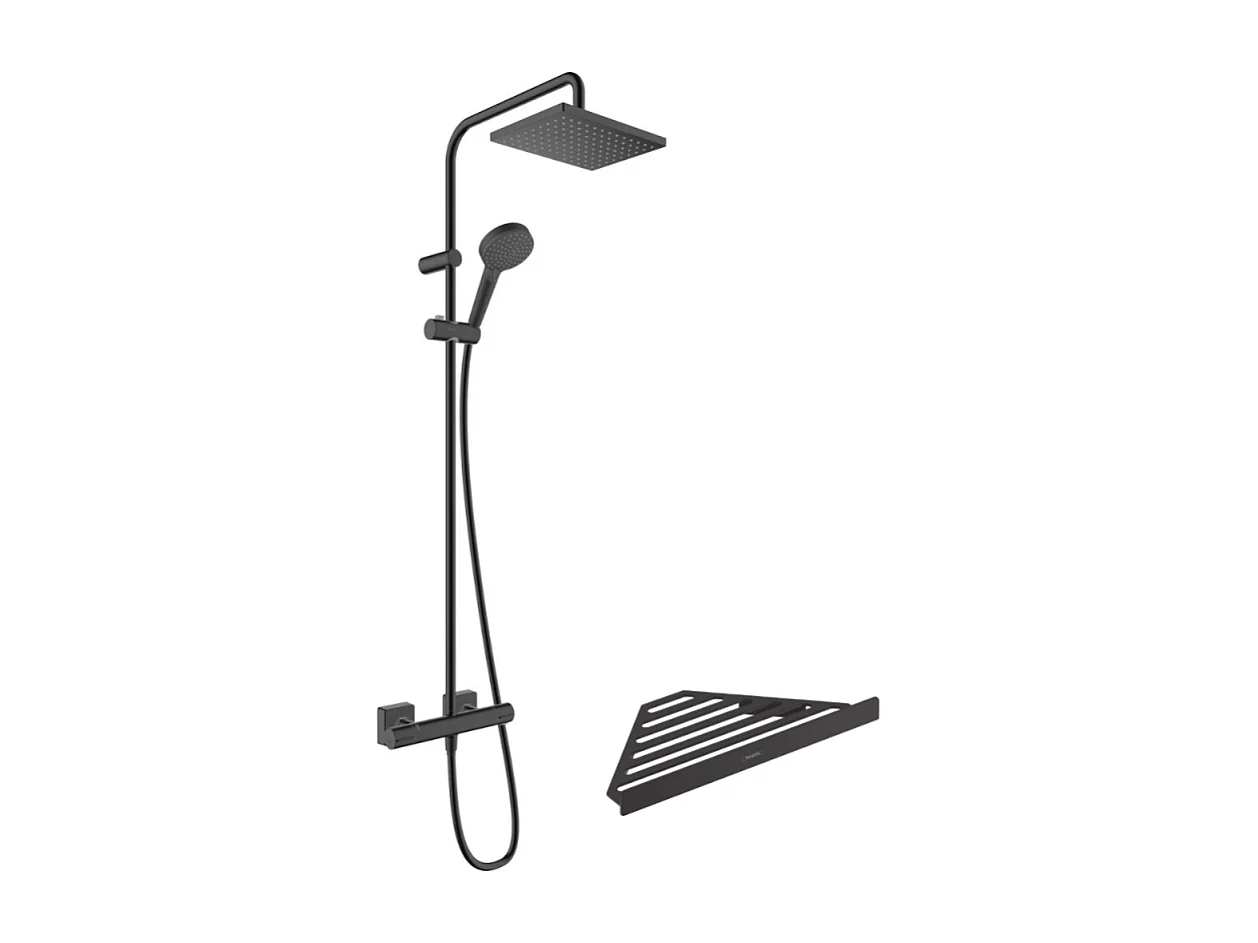 Colonne de douche thermostatique HANSGROHE Vernis Shape 230 EcoSmart noir mat + tablette AddStoris
