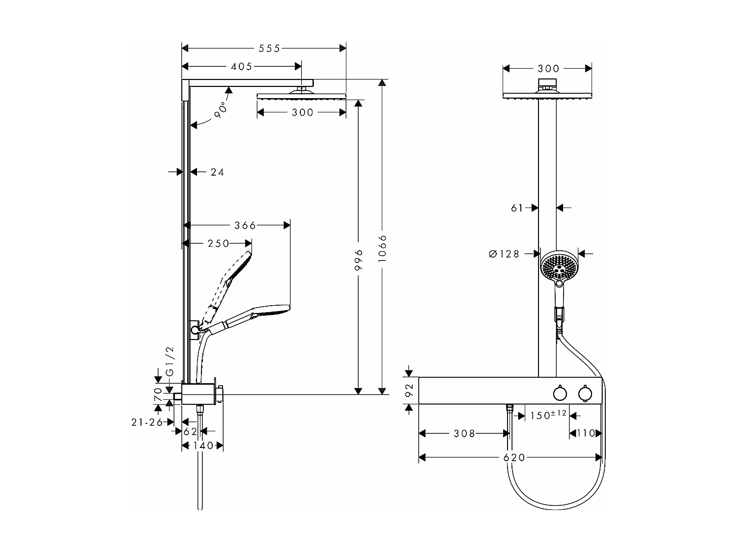 Colonne de douche thermostatique HANSGROHE Raindance E 300 avec mitigeur 60 cm chromé