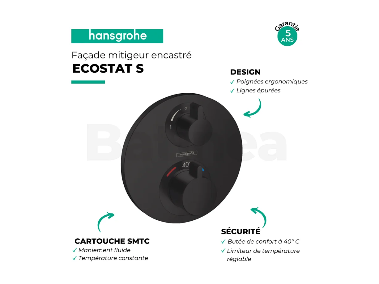 HANSGROHE Ecostat S mezclador termostático empotrado frontal con válvula de cierre y desviador negro mate