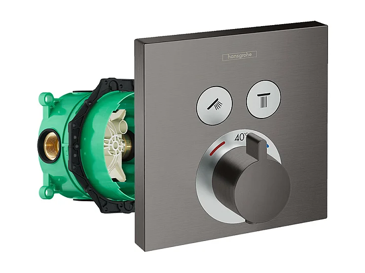 Façade pour mitigeur thermostatique encastré HANSGROHE ShowerSelect avec 2 fonctions noir chromé brossé et corps encastré iBox