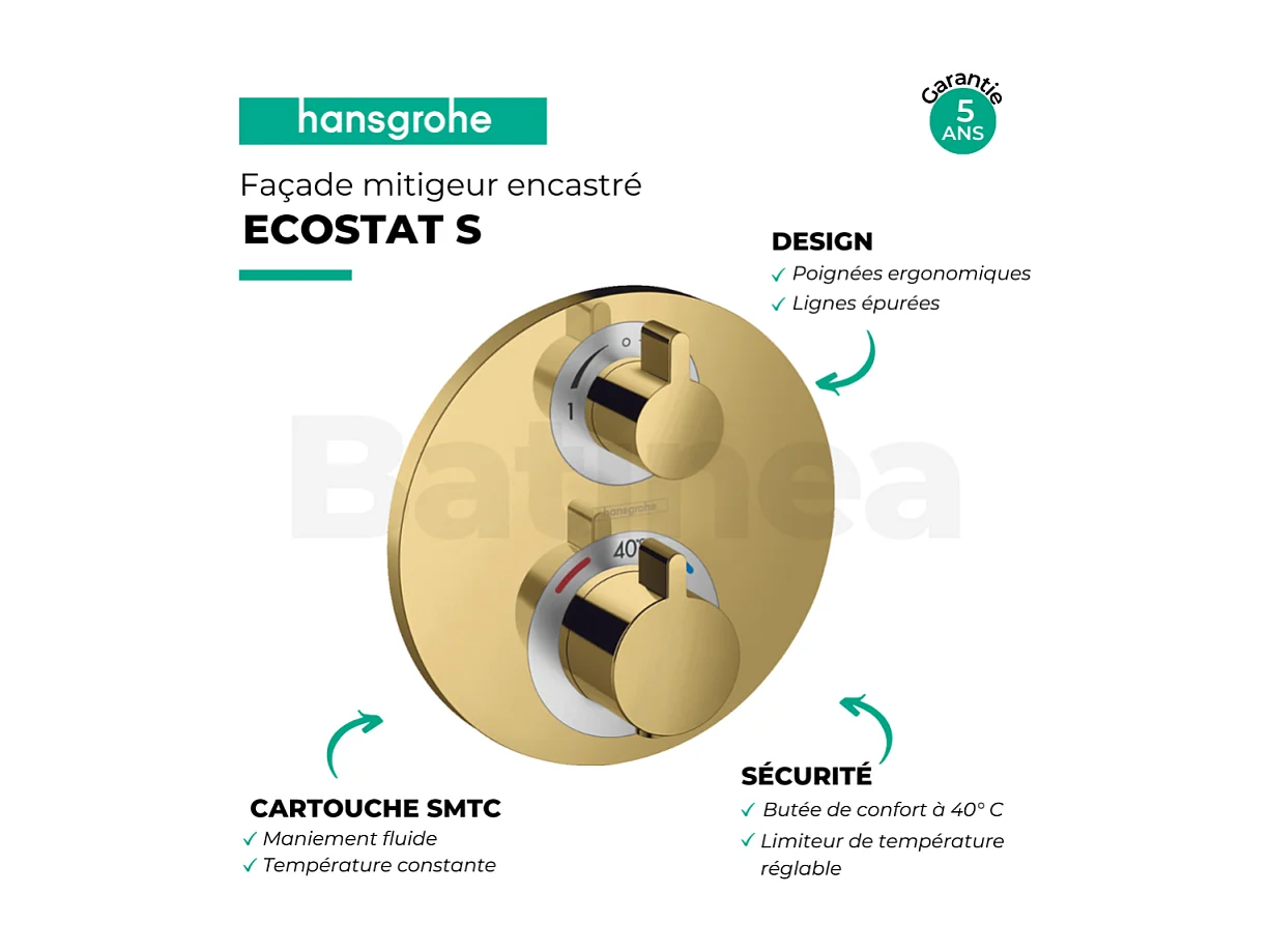 Façade mitigeur thermostatique encastré HANSGROHE Ecostat S avec robinet d'arrêt et inverseur aspect doré poli