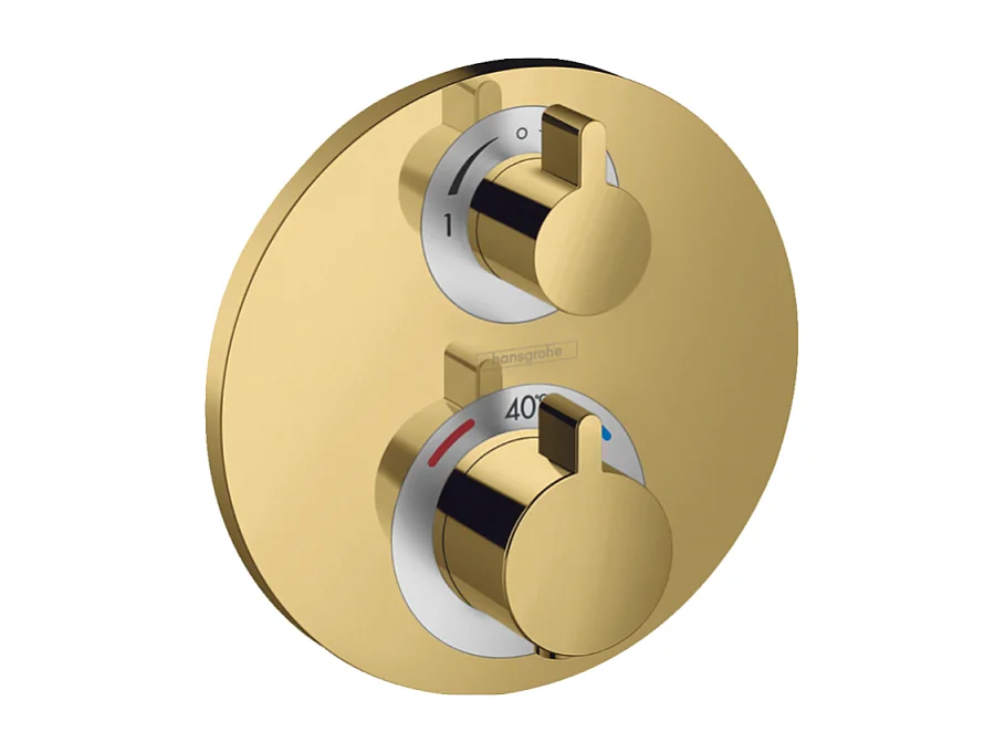 Façade mitigeur thermostatique encastré HANSGROHE Ecostat S avec robinet d'arrêt et inverseur aspect doré poli