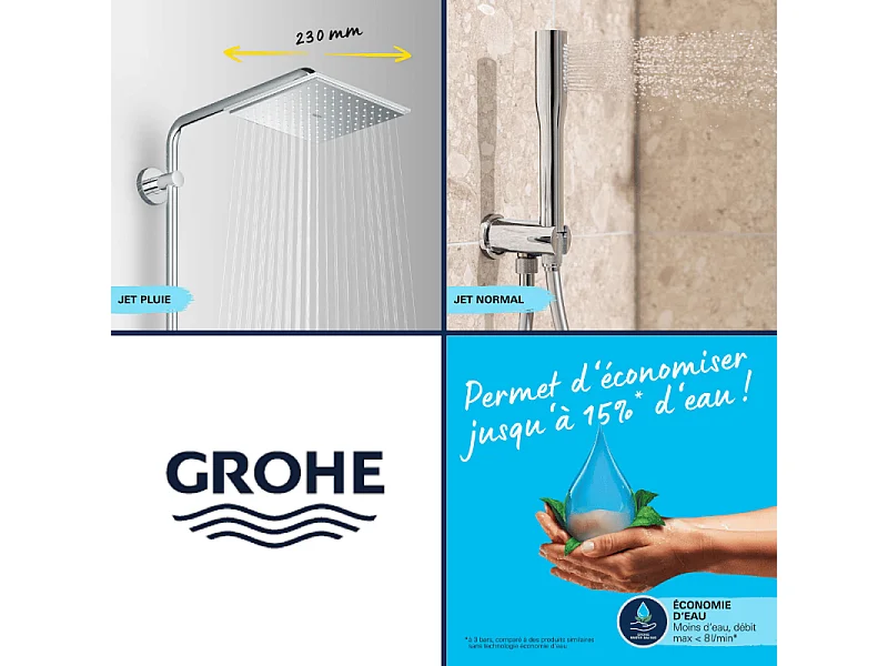 Colonne de douche thermostatique GROHE Vitalio Joy Système 230 + Tablette d'angle GROHE Start Cube + colle Quickglue