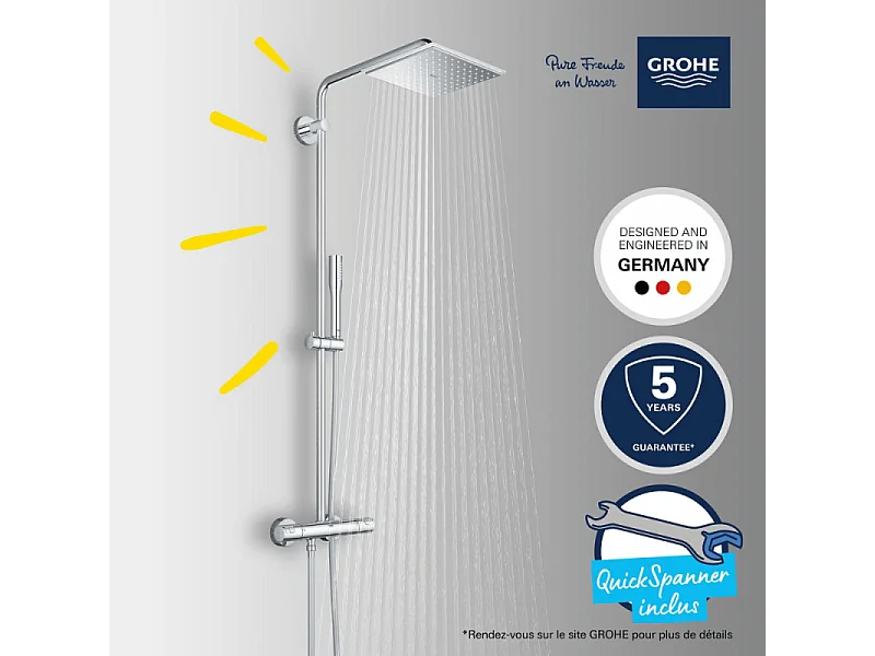 Colonne de douche thermostatique GROHE Vitalio Joy Système 230 + Tablette d'angle GROHE Start Cube + colle Quickglue