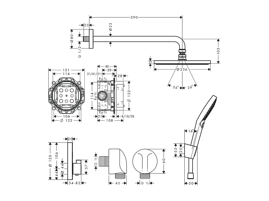 Pack encastré avec mitigeur thermostatique HANSGROHE Raindance Ecostat S Noir mat