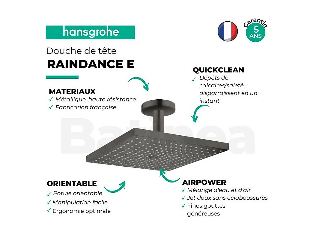 Douche de tête HANSGROHE Raindance E, 1 jet avec raccord plafond noir chromé brossé