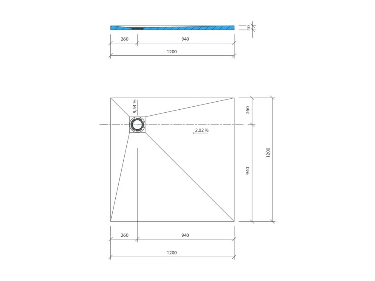 Receveur de douche à carreler 120 x 120 WEDI Fundo Primo carré écoulement excentré + bonde verticale + kit d'étanchéité