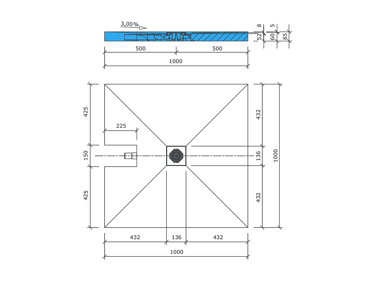 Receveur à carreler 100 x 100 cm WEDI Fundo Plano, bonde intégrée + kit d'étanchéité