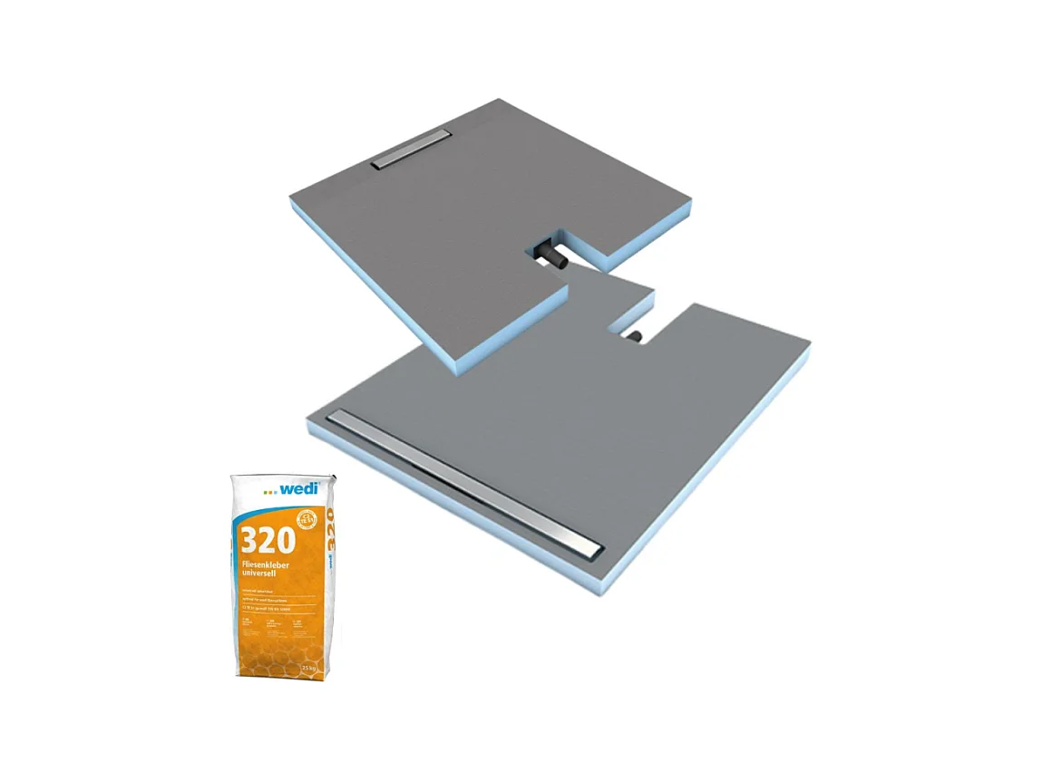 Receveur à carreler 90 x 90 cm Wedi Fundo Plano Linea - barrette courte - écoulement linéaire sortie sur le petit coté + Wedi 320