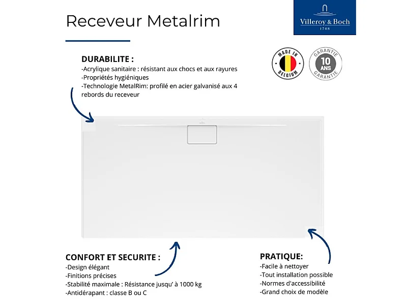 Receveur antidérapant 90 x 90 VILLEROY ET BOCH Architectura Metalrim acrylique carré gris anthracite