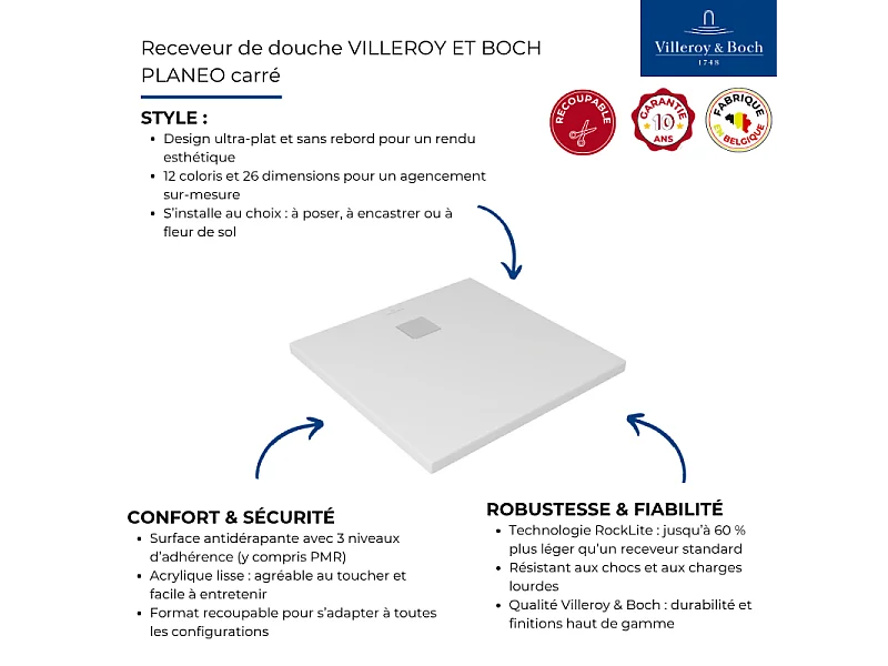 Receveur antidérapant 80 x 80 VILLEROY ET BOCH Planeo acrylique carré gris