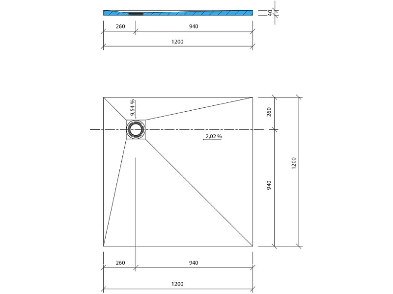 Receveur de douche à carreler 120 x 120 WEDI Fundo Primo carré écoulement excentré