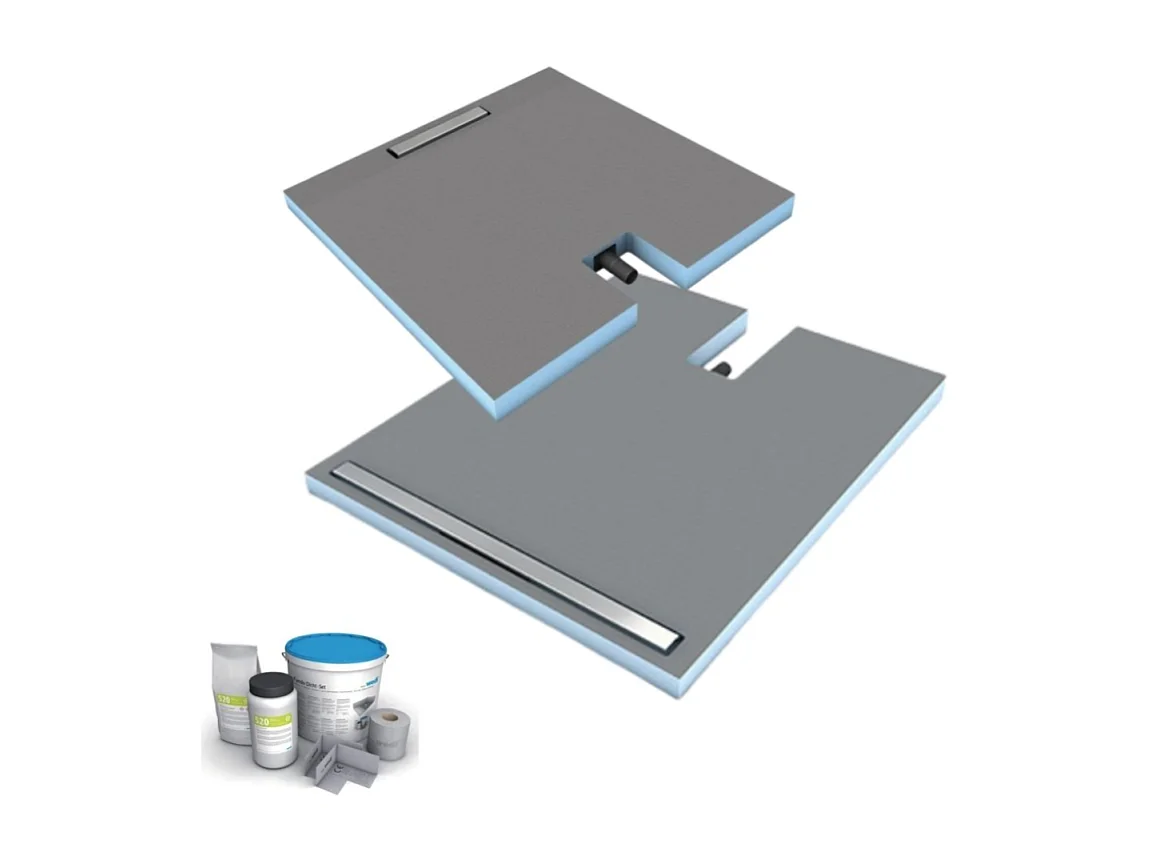 Receveur à carreler 90 x 90 cm Wedi Fundo Plano Linea - écoulement linéaire sortie sur le petit coté + kit d'étanchéité