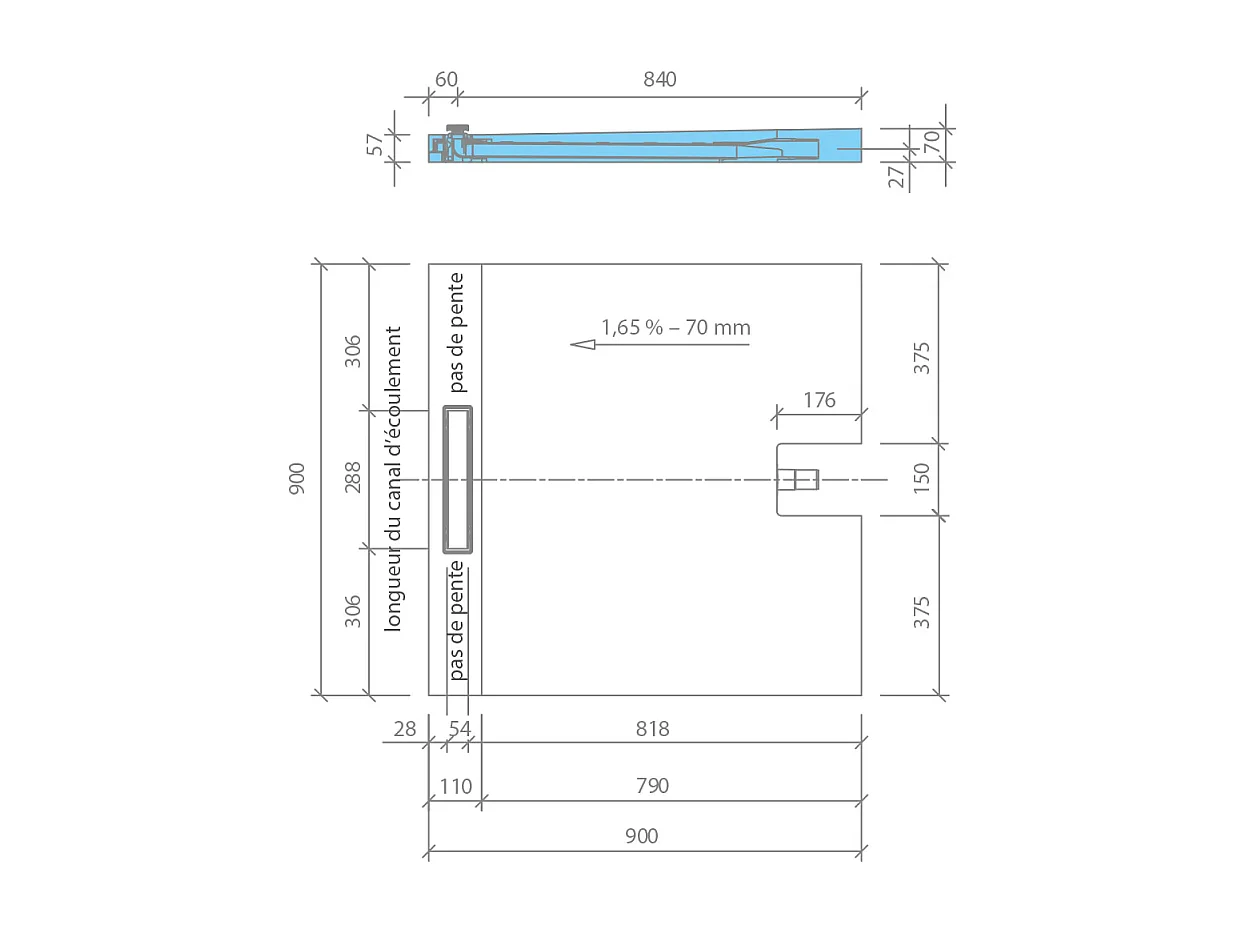 Receveur à carreler 90 x 90 cm Wedi Fundo Plano Linea - écoulement linéaire sortie sur le petit coté + kit d'étanchéité