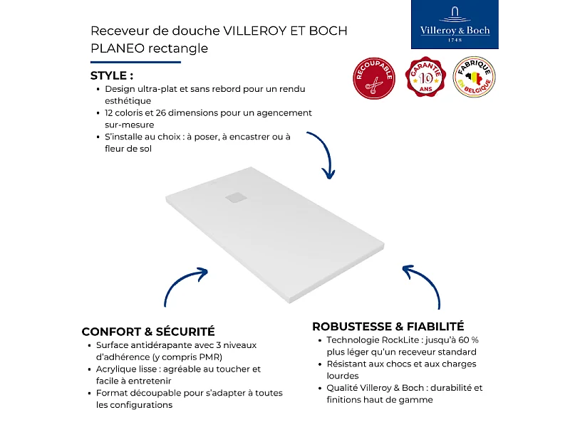 Receveur 100 x 80 VILLEROY ET BOCH Planeo acrylique rectangle nature gris