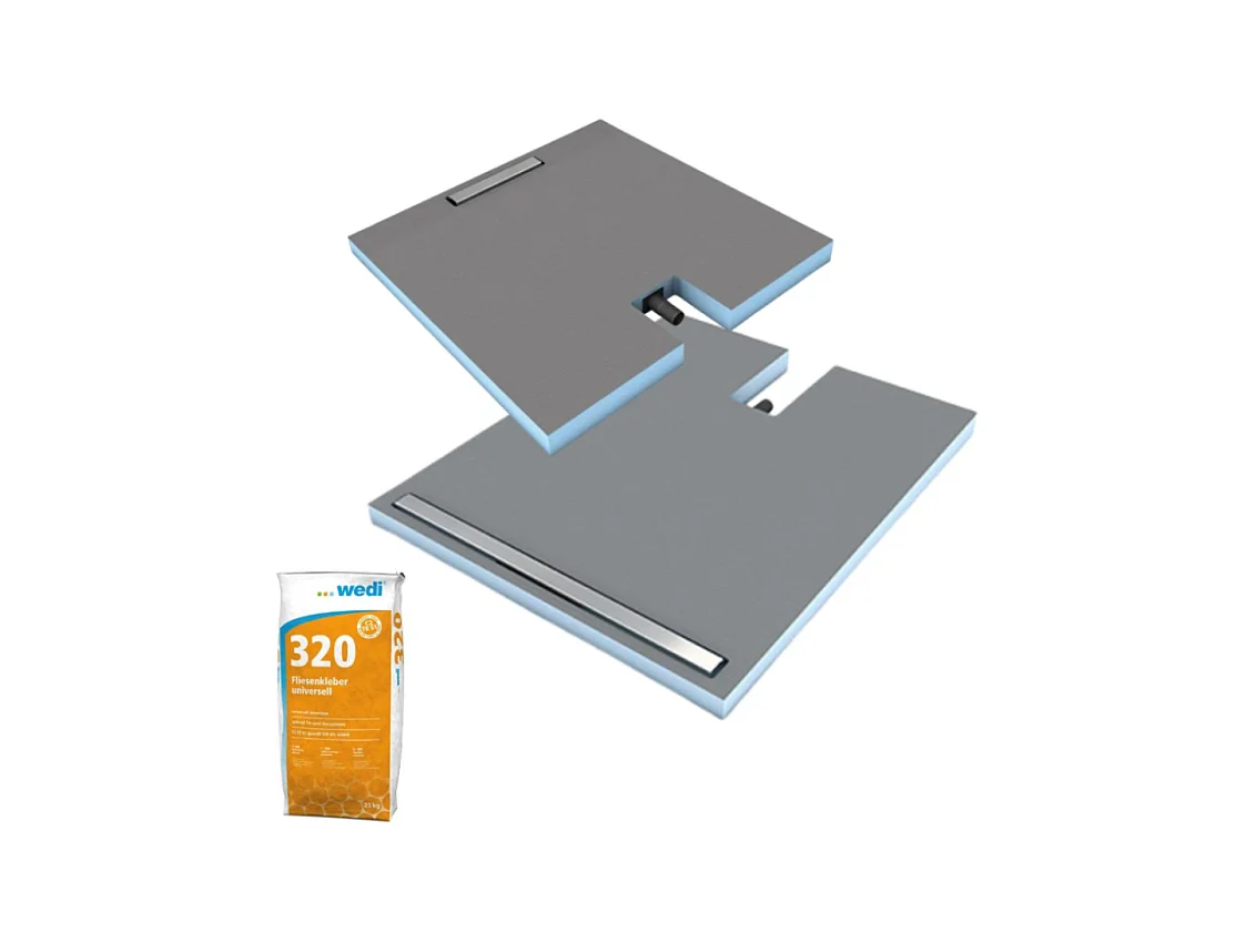 Receveur à carreler 90 x 90 cm Wedi Fundo Plano Linea - écoulement linéaire sortie sur le petit coté + Wedi 320