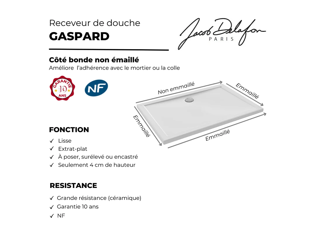 Receveur de douche 120 x 80 JACOB DELAFON Gaspard extra-plat céramique
