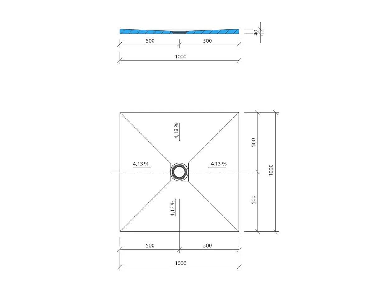Receveur de douche à carreler 100 x 100 WEDI Fundo Primo carré écoulement centrée