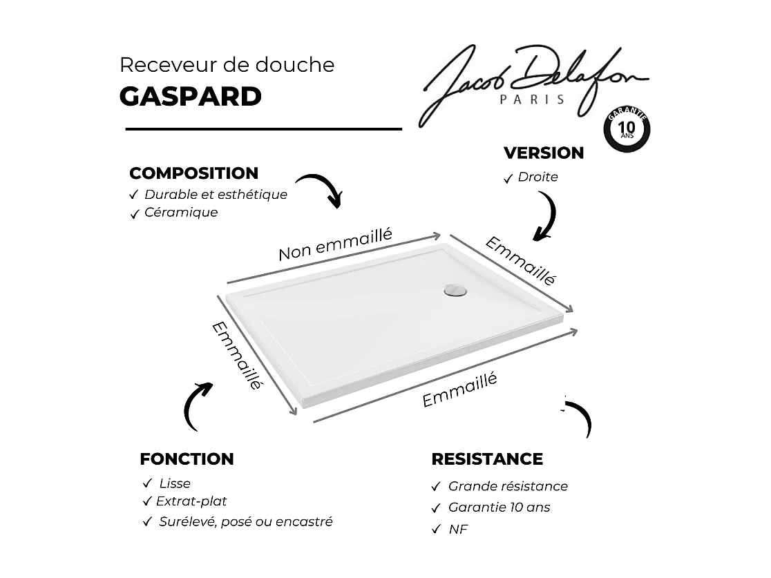 Receveur de douche 120 x 90 JACOB DELAFON Gaspard extra-plat céramique bonde à droite
