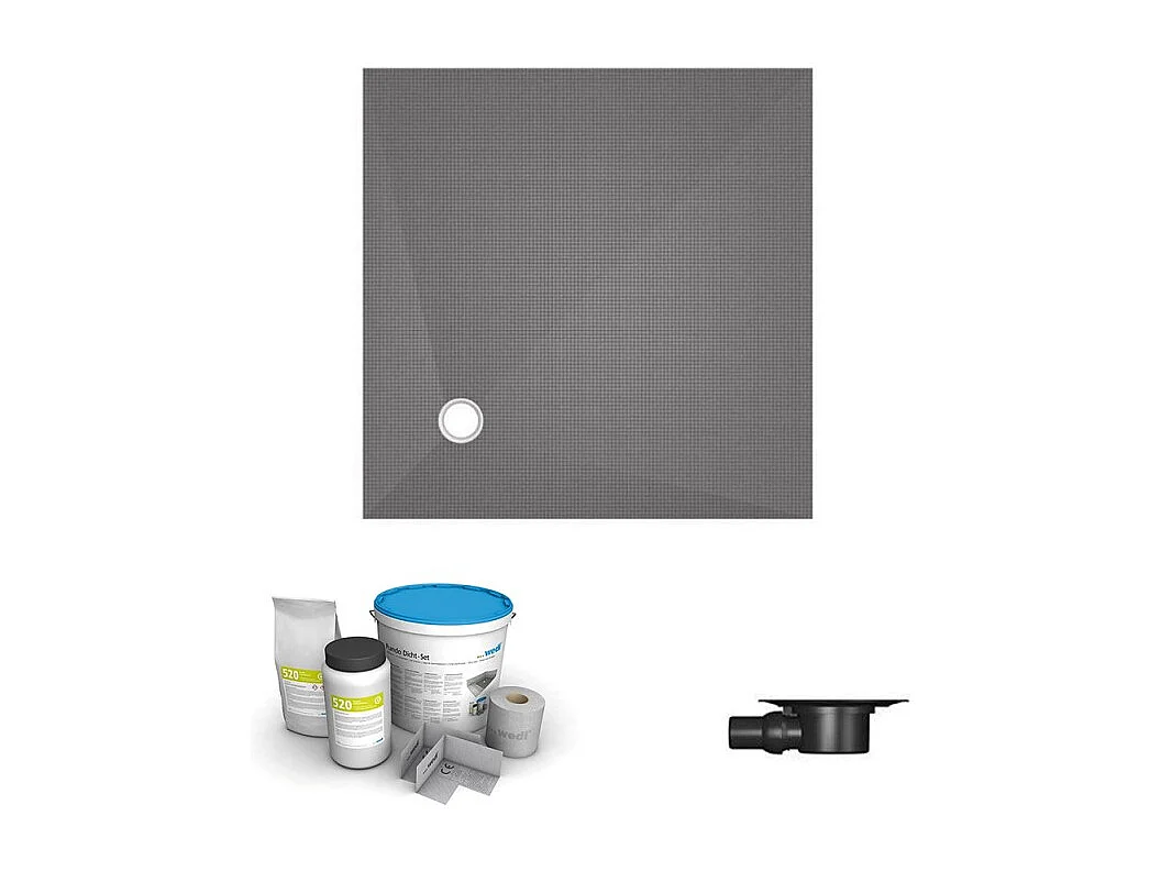 Receveur de douche à carreler 100 x 100 WEDI Fundo Primo carré écoulement excentré + bonde horizontale + kit d'étanchéité