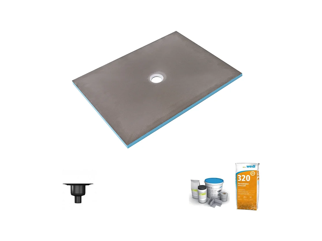Receveur de douche à carreler 90 x 75 WEDI Fundo Primo écoulement centré + bonde verticale + kit d'étanchéité + colle 320