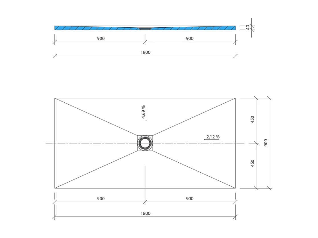 Receveur de douche à carreler 180 x 90 WEDI Fundo Primo écoulement centré + bonde verticale + kit d'étanchéité + colle 320