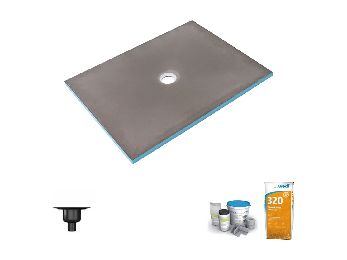 Receveur de douche à carreler 140 x 90 WEDI Fundo Primo écoulement centré + bonde verticale + kit d'étanchéité + colle 320
