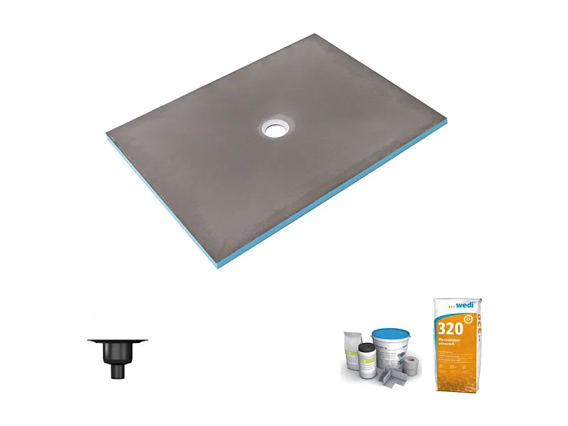 Receveur de douche à carreler 140 x 90 WEDI Fundo Primo écoulement centré + bonde verticale + kit d'étanchéité + colle 320