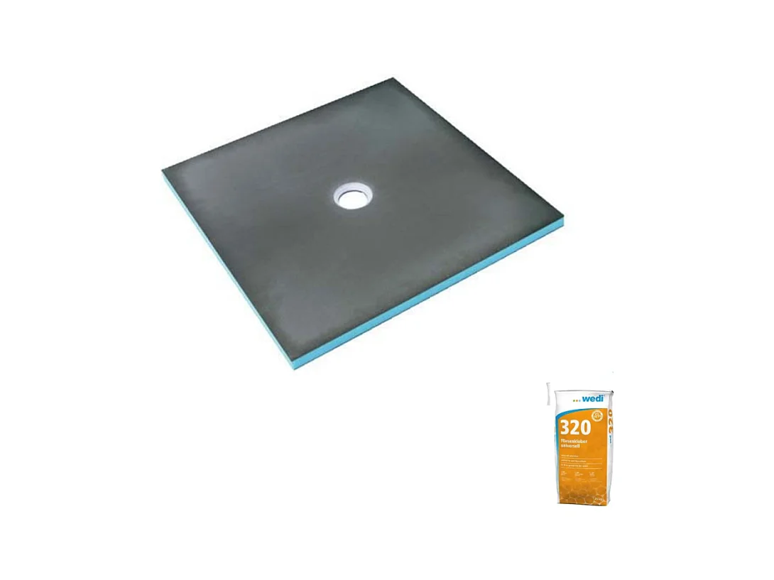 Receveur de douche à carreler 120 x 120 WEDI Fundo Primo carré écoulement centrée + colle 320