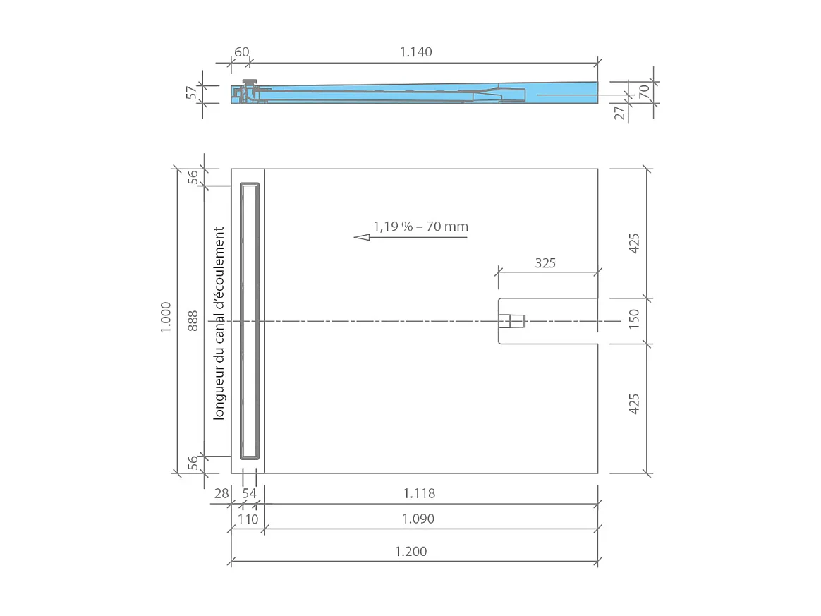 Receveur à carreler 120 x 100 cm WEDI Fundo Plano Linea écoulement linéaire & bonde intégrée + colle 320