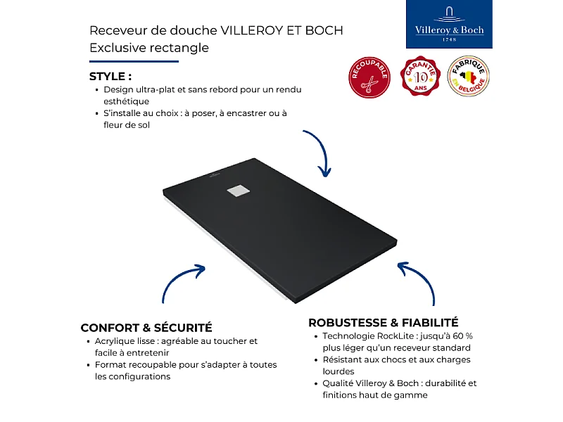 Receveur découpable 120 X 90 VILLEROY ET BOCH Exclusive rectangle anthracite