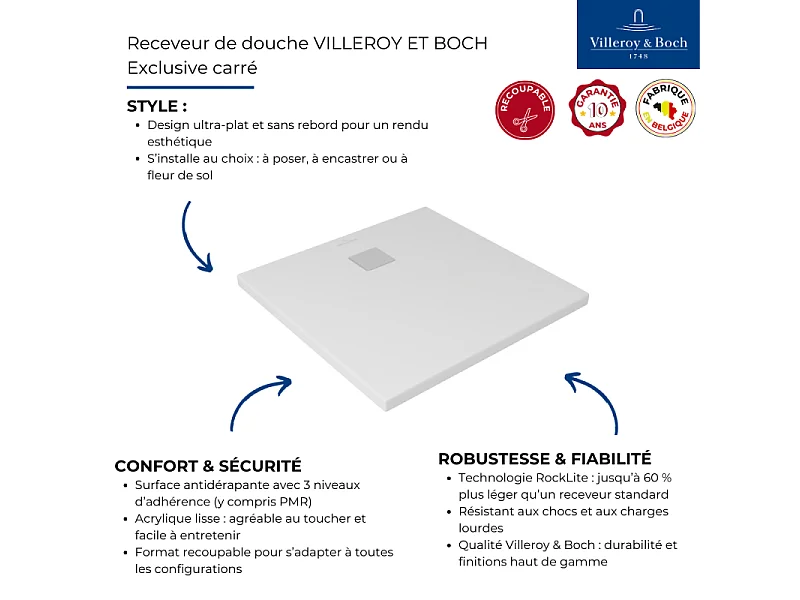 Receveur découpable 80 X 80 VILLEROY ET BOCH Exclusive carre blanc