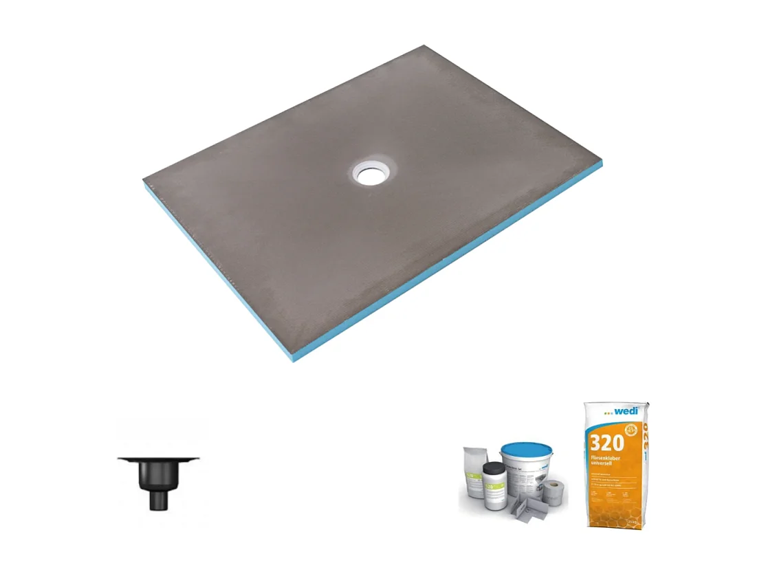 Receveur de douche à carreler 140 x 100 WEDI Fundo Primo écoulement centré + bonde verticale + kit d'étanchéité + colle 320