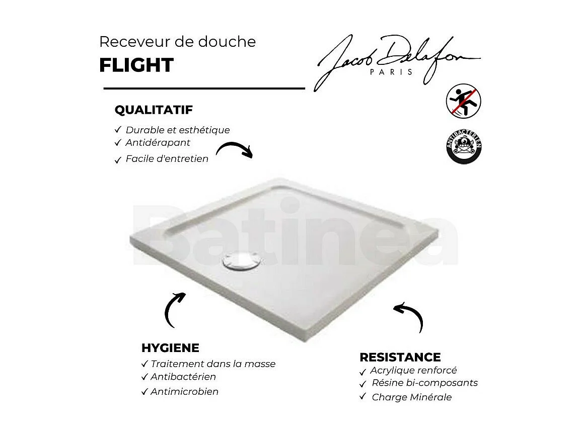 Receveur douche antidérapant JACOB DELAFON Flight carré extra-plat 80 x 80