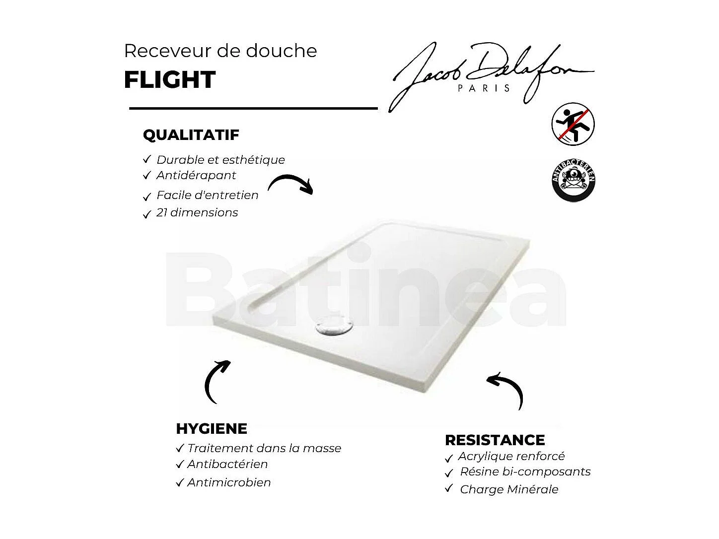 Receveur de douche JACOB DELAFON Flight rectangle extra plat antidérapant 170 x 76 cm
