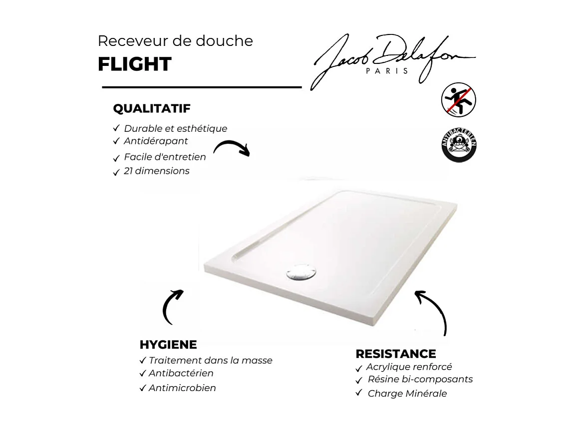 Receveur de douche JACOB DELAFON Flight rectangle extra plat antidérapant 170 x 76 cm