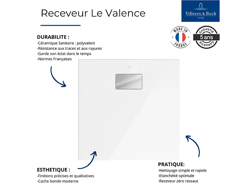 Receveur de douche zéro ressaut 90 x 90 VILLEROY ET BOCH Le Valence céramique avec cache bonde
