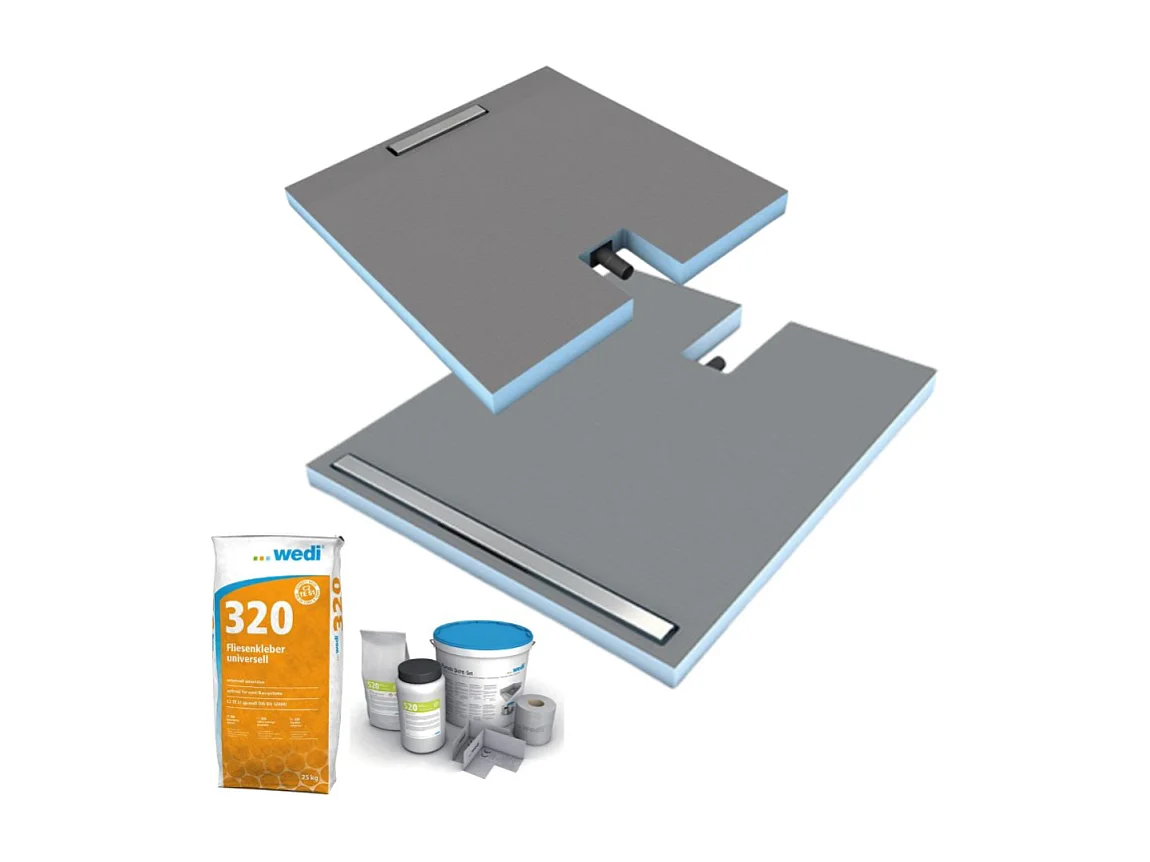 Receveur à carreler 90 x 90 cm Wedi Fundo Plano Linea - écoulement linéaire sortie sur le petit coté + kit d'étanchéité + Wedi 320